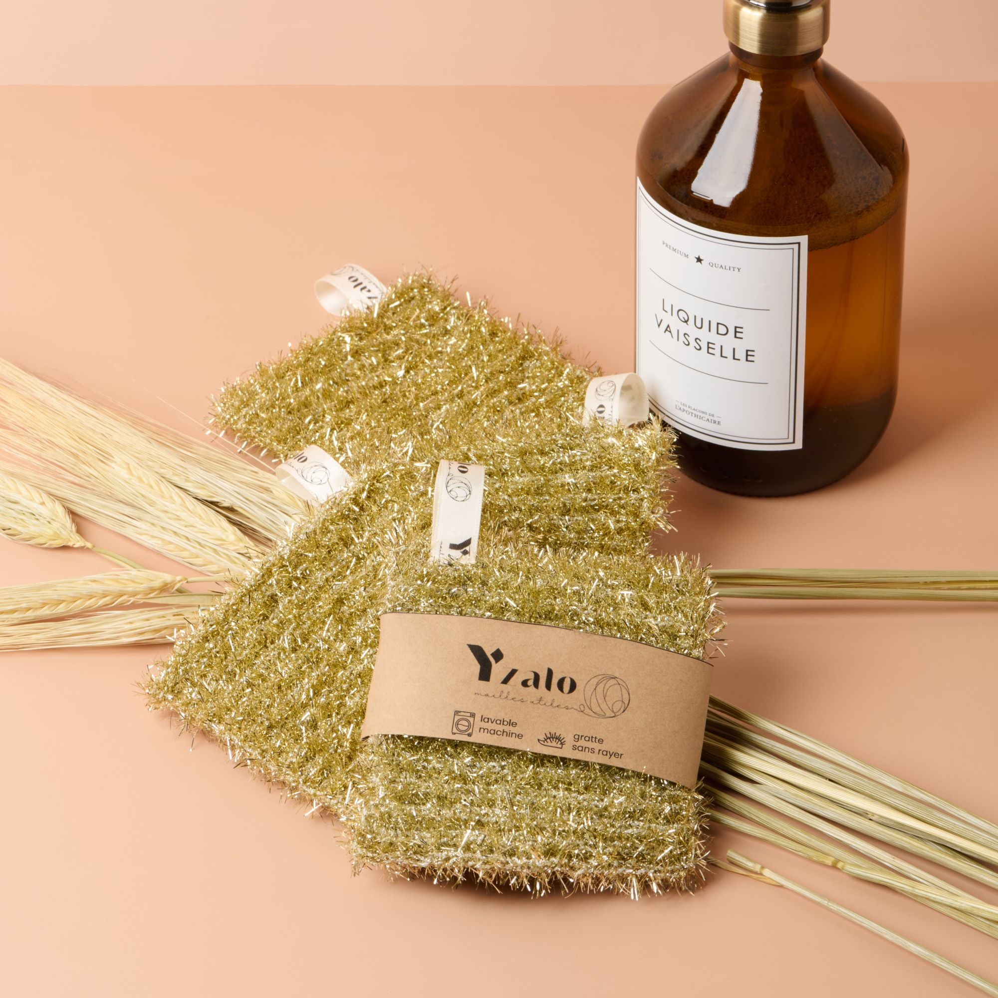 Eponges pépite dorées flacon liquide vaisselle